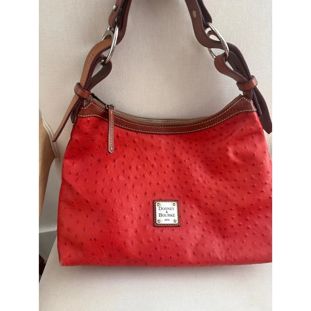 Vintage Dooney & Bourke Red Ostrich Embossed Leather Hobo Shoulder Bag Silver